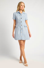 SOGNA COL Gold Button Feature Fray Detail Collared Tweed Dress SDR1755A