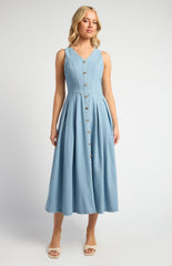 SOGNA COLEmbossed Gold Button Chambray Dress SDR1763A