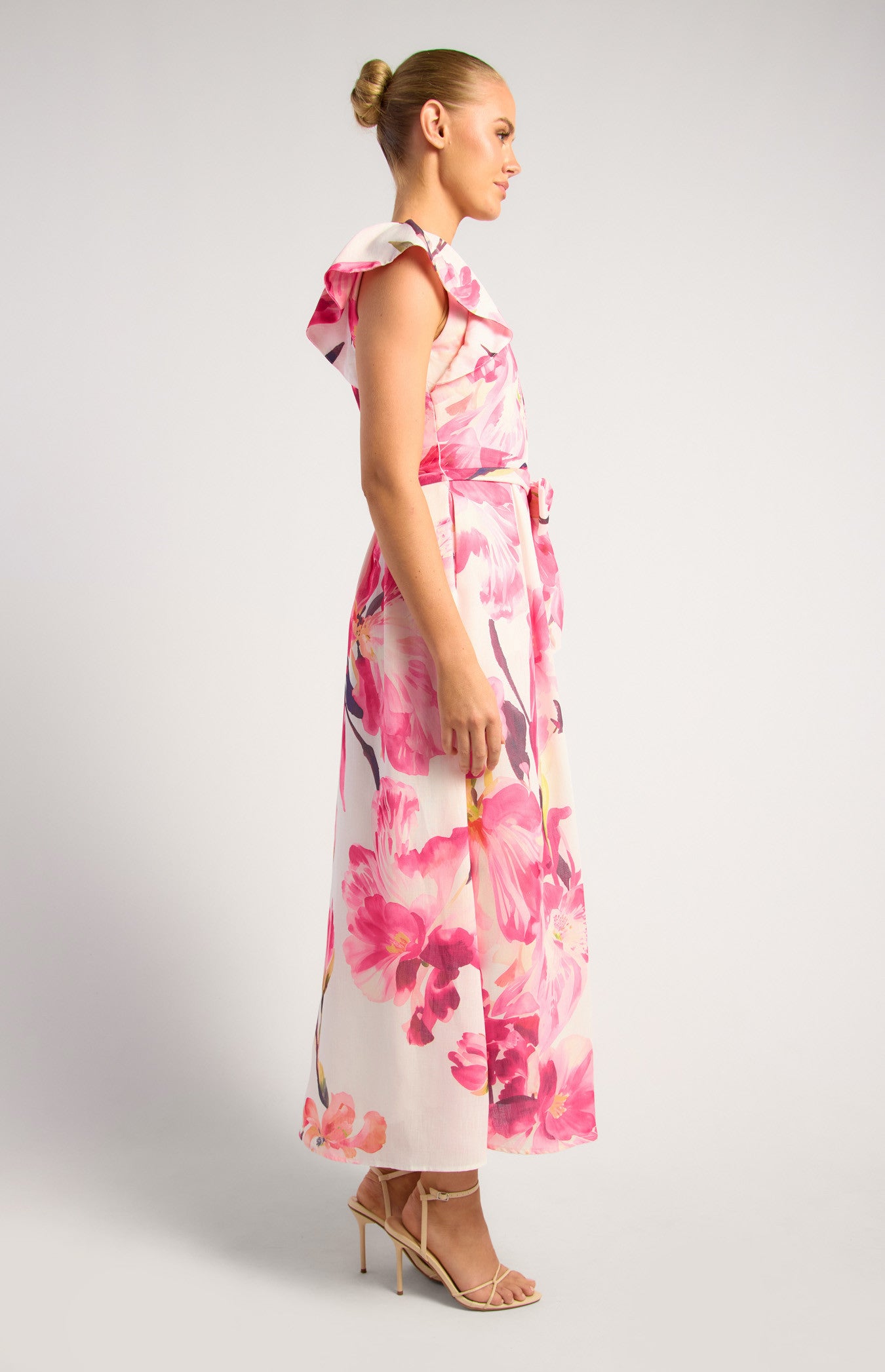 SOGNA COL One Shoulder Ruffle Sleeve Floral Midi Dress SDR1805A