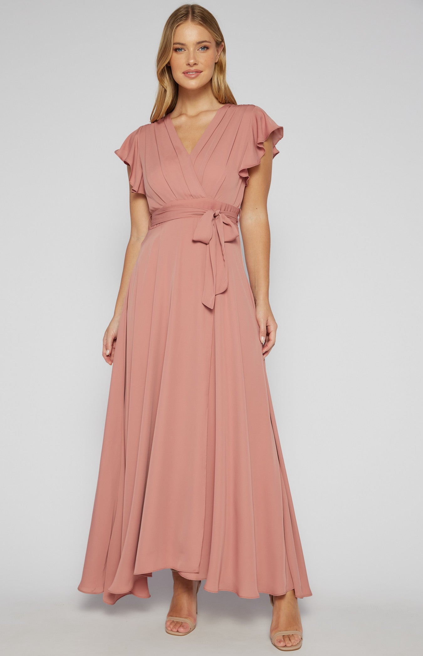 Pleated Front Butterfly Sleeve Maxi Dress SDR581B