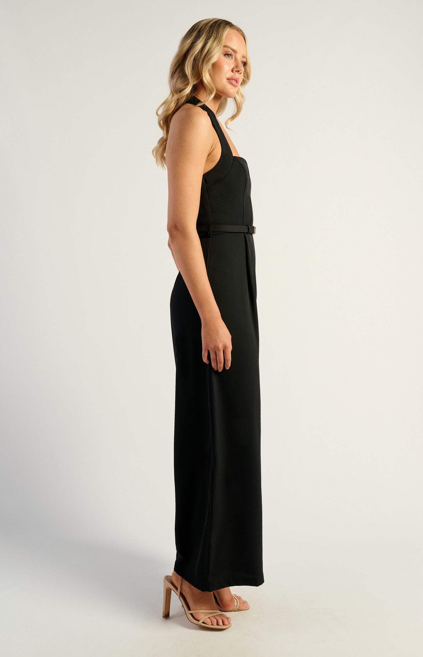 SOGNA COL Halter Neckline Jumpsuit With Gold Buckle And Eyelet Belt Detail SJP614A
