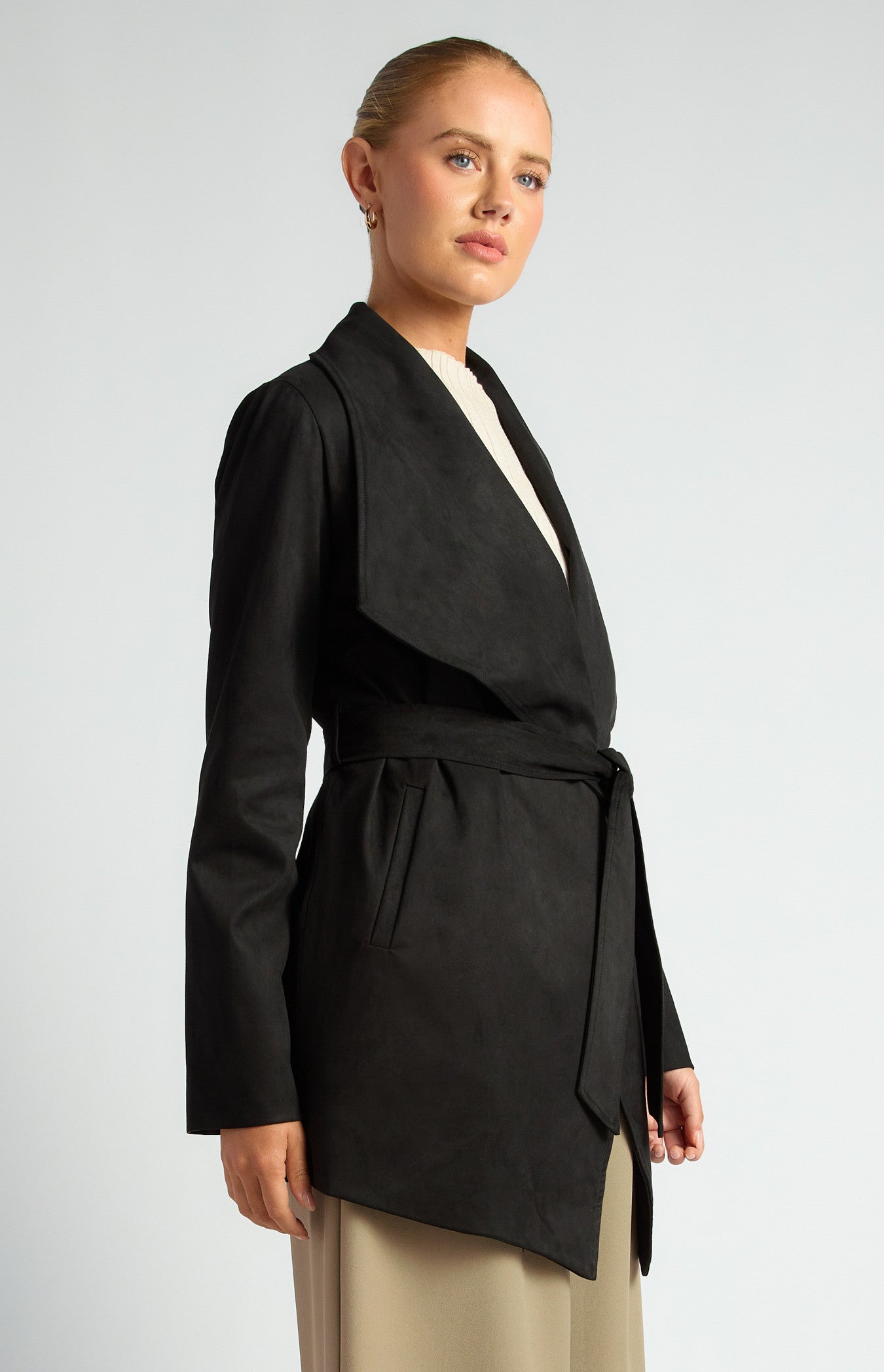 Faux Suede Waterfall Jacket With Waist Tie And Pockets SJT409A
