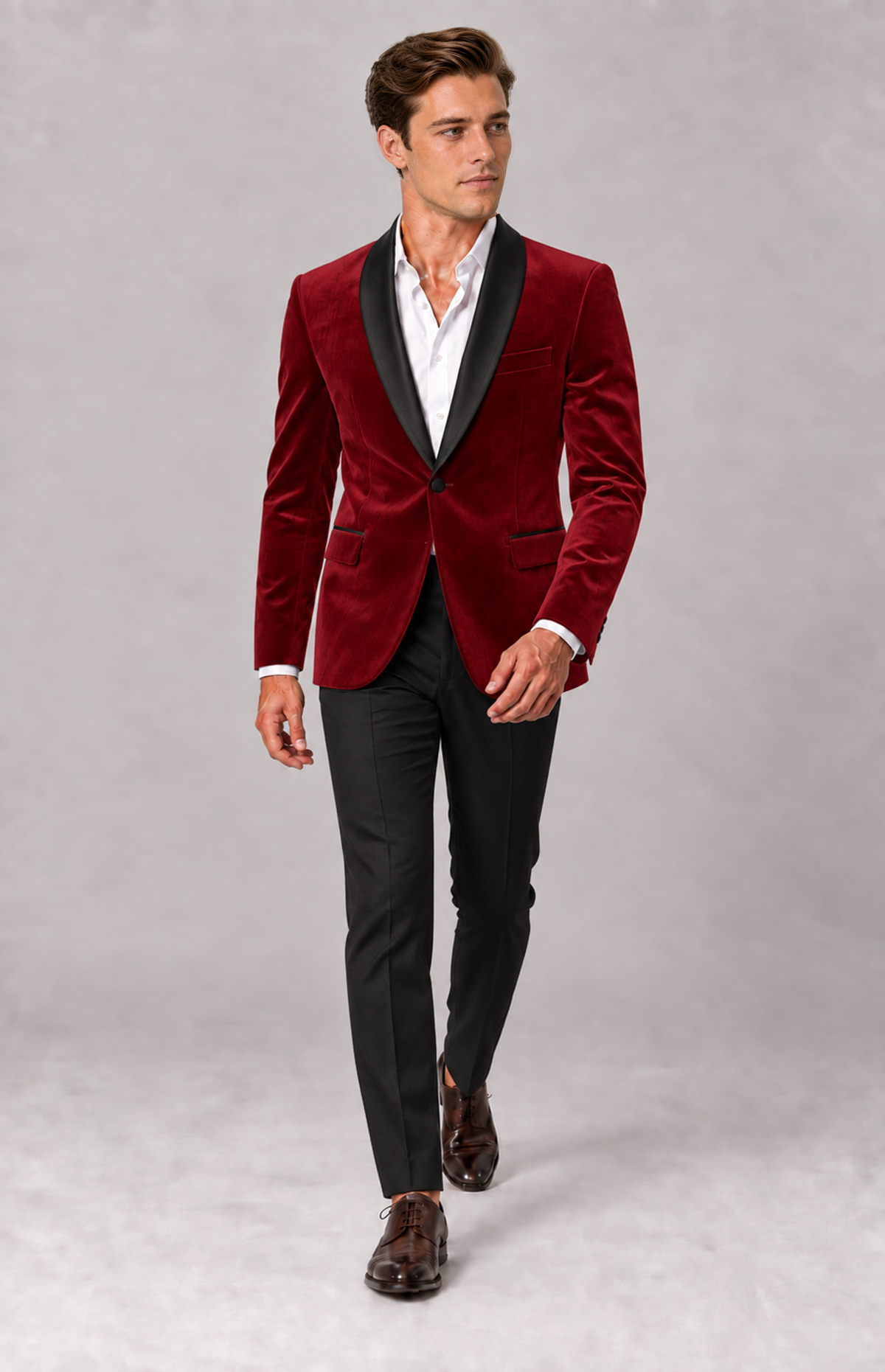 M01 wearing the burgundy 1281W2 velvet dinner jacket with black satin shawl lapels, full-length walking view. Jacket only; other items are styling.