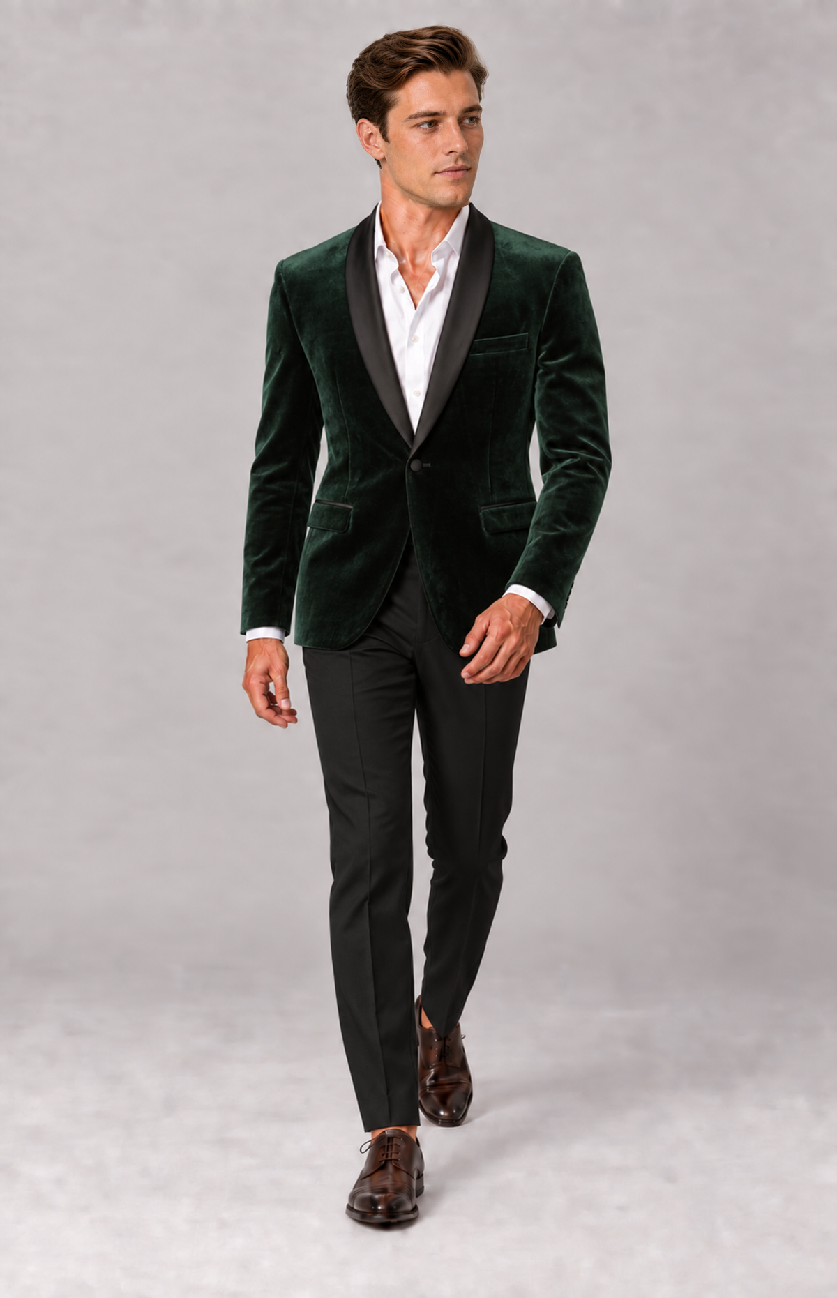 M01 wearing the green 1281W2 velvet dinner jacket with black satin shawl lapels, full-length walking view. Jacket only; other items are styling.