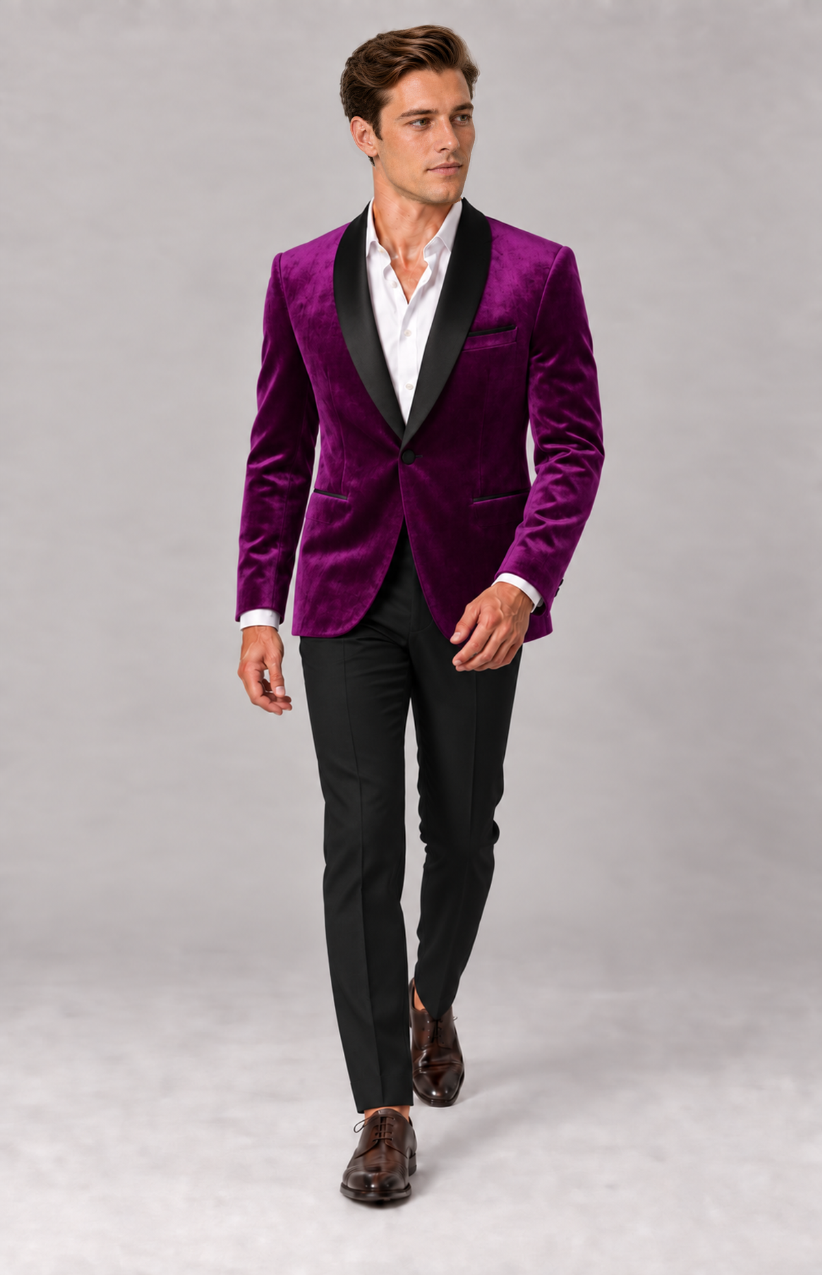 M01 wearing the plum 1281W2 velvet dinner jacket with black satin shawl lapels, full-length walking view. Jacket only; other items are styling.