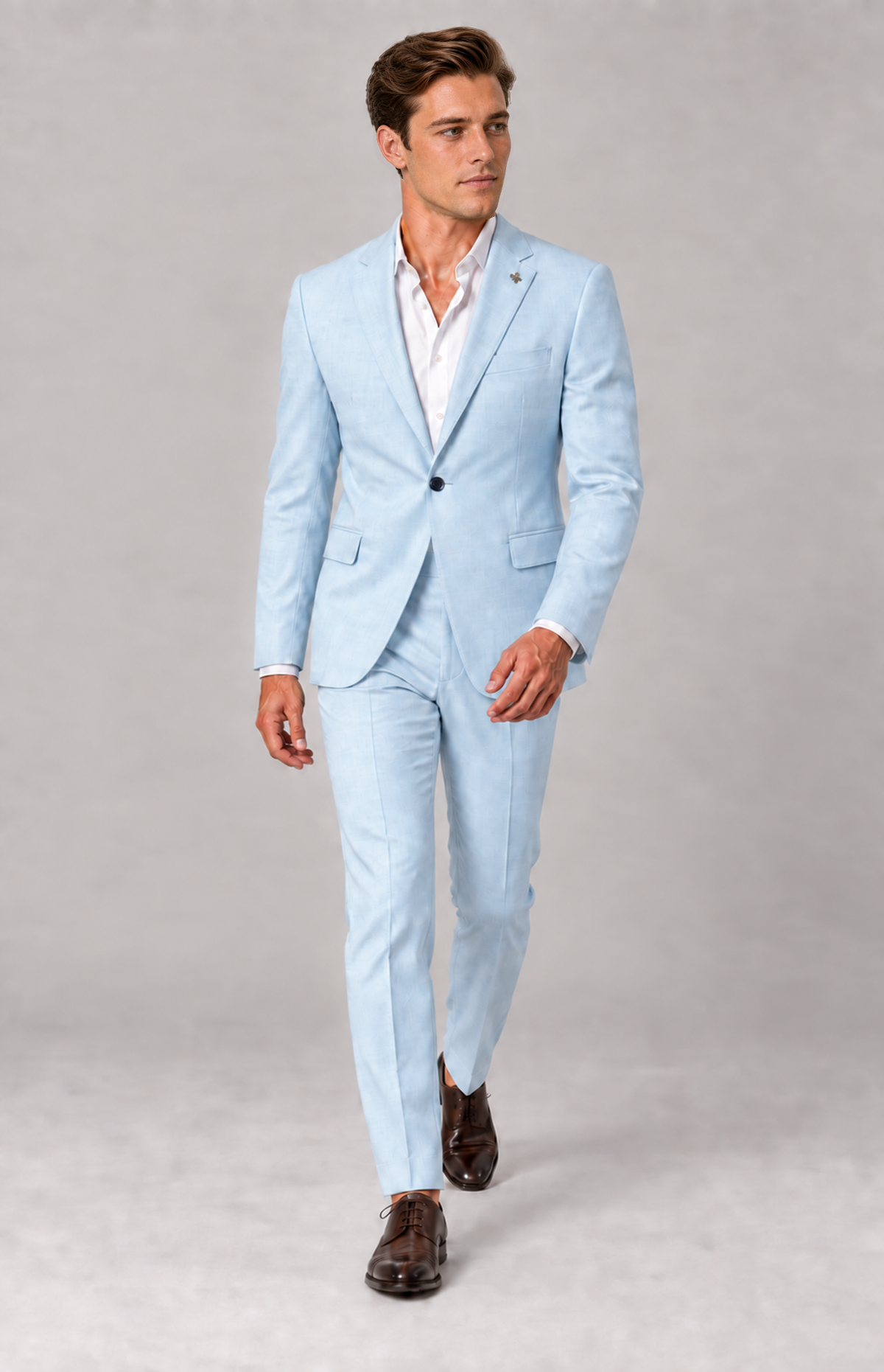 Full-length view of the ice Quinn 1907 suit trousers, styled with a matching jacket