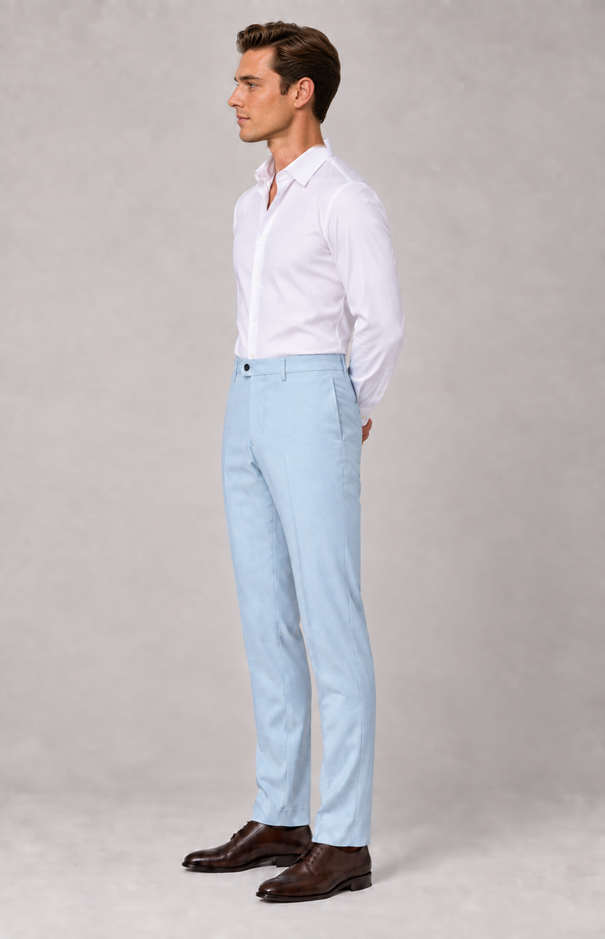SOGNA Quinn 1907 Ice tailored trousers on M01, three-quarter standing view with waistband visible. Trousers only.
