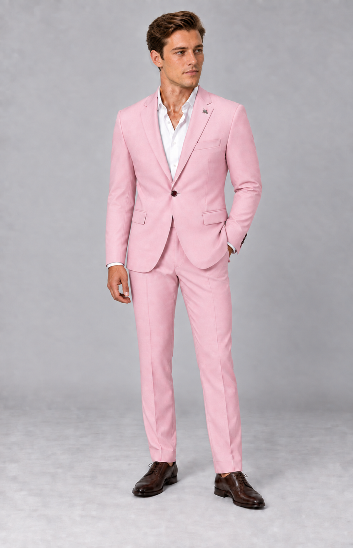 SOGNA Quinn 1907 Pink single-button suit jacket on M01, relaxed standing view with one hand in a trouser pocket. Jacket only.