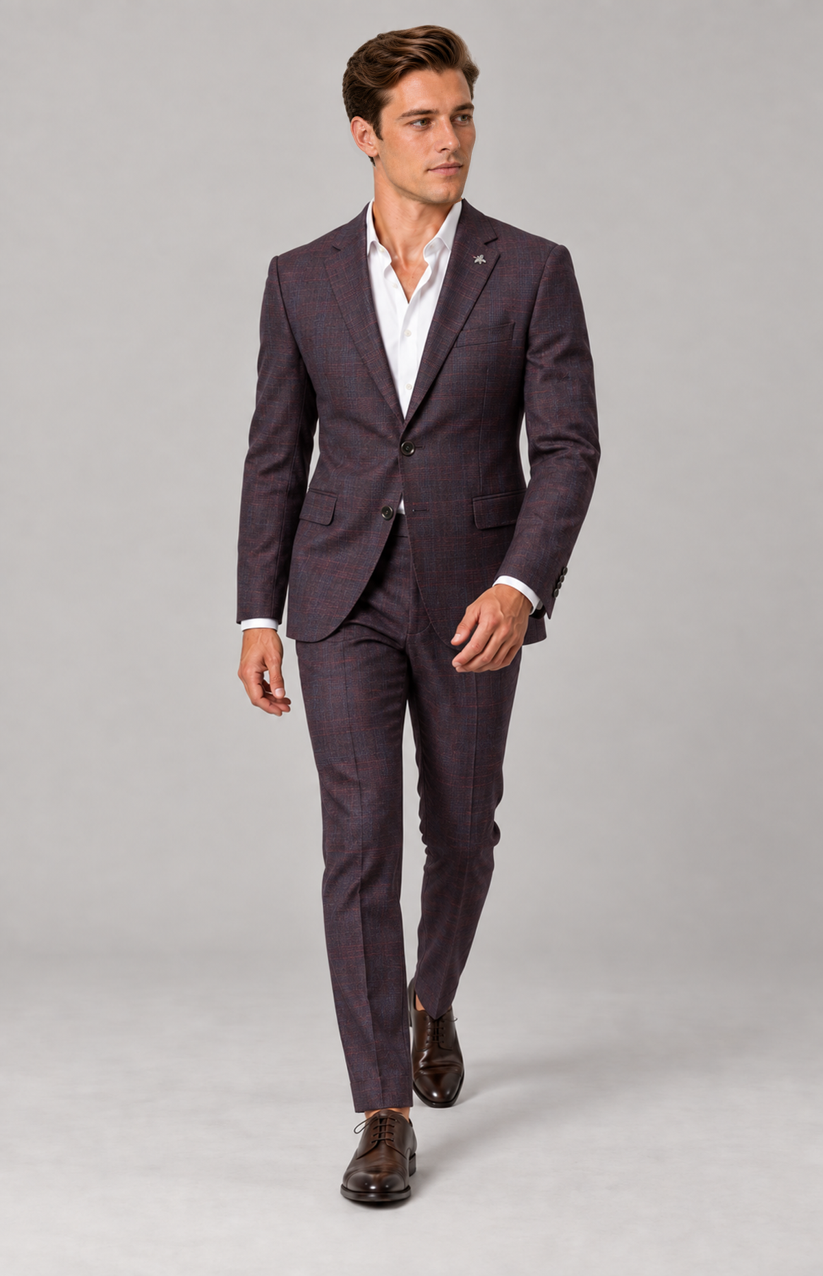 M01 wearing the shiraz Harper 2138 textured-check suit, full-length walking view. Trousers only; other items are styling.