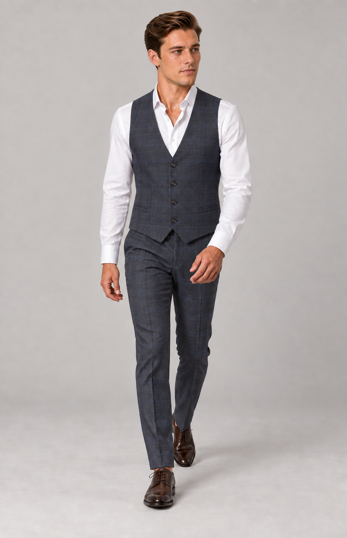 M01 wearing the navy Harper 2138 textured-check waistcoat, full-length walking view. Waistcoat only; trousers, shirt and shoes are styling.