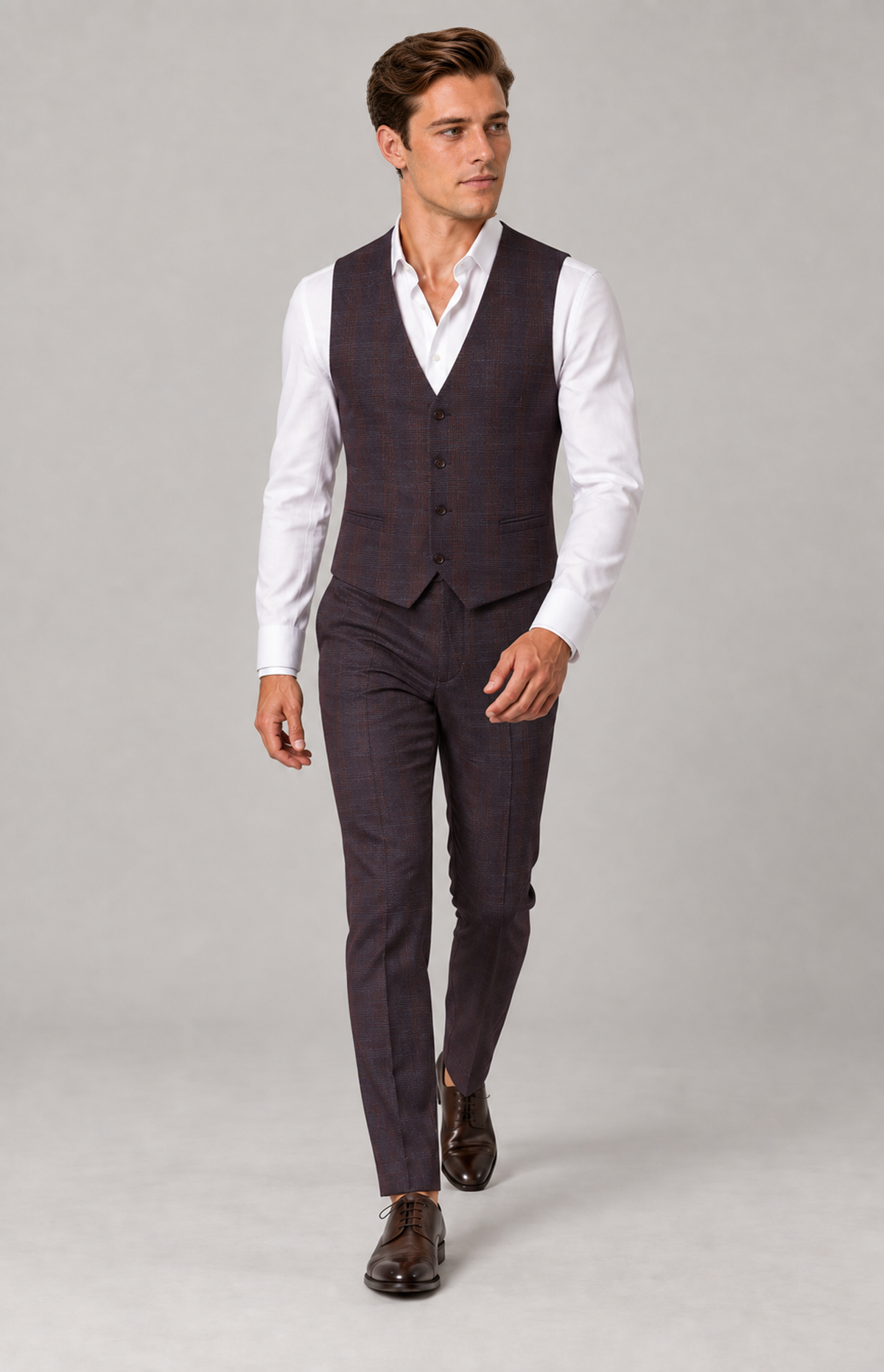 M01 wearing the shiraz Harper 2138 textured-check waistcoat, full-length walking view. Waistcoat only; trousers, shirt and shoes are styling.