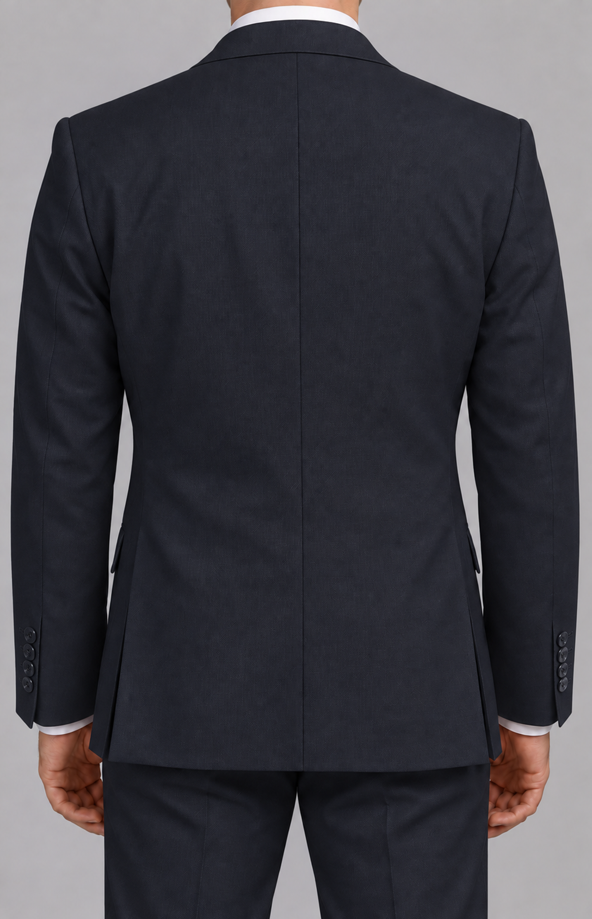 Rear view of the 22160 birdseye suit jacket in navy