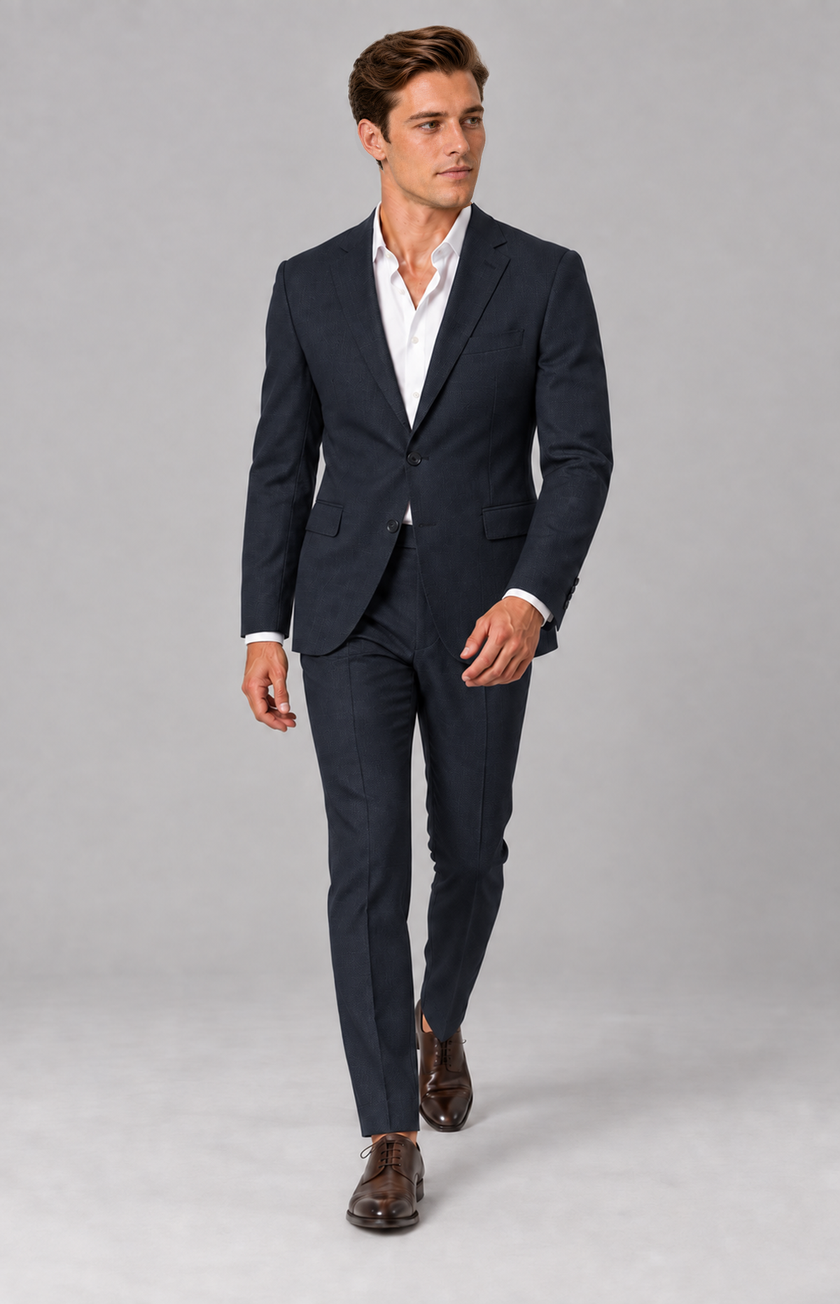 Model walking in the navy 22160 birdseye suit