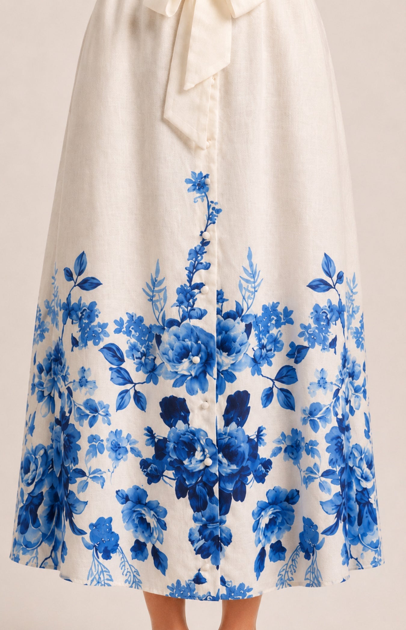 SOGNA blue floral midi dress – linen-blend fabric, button placket and border-print detail