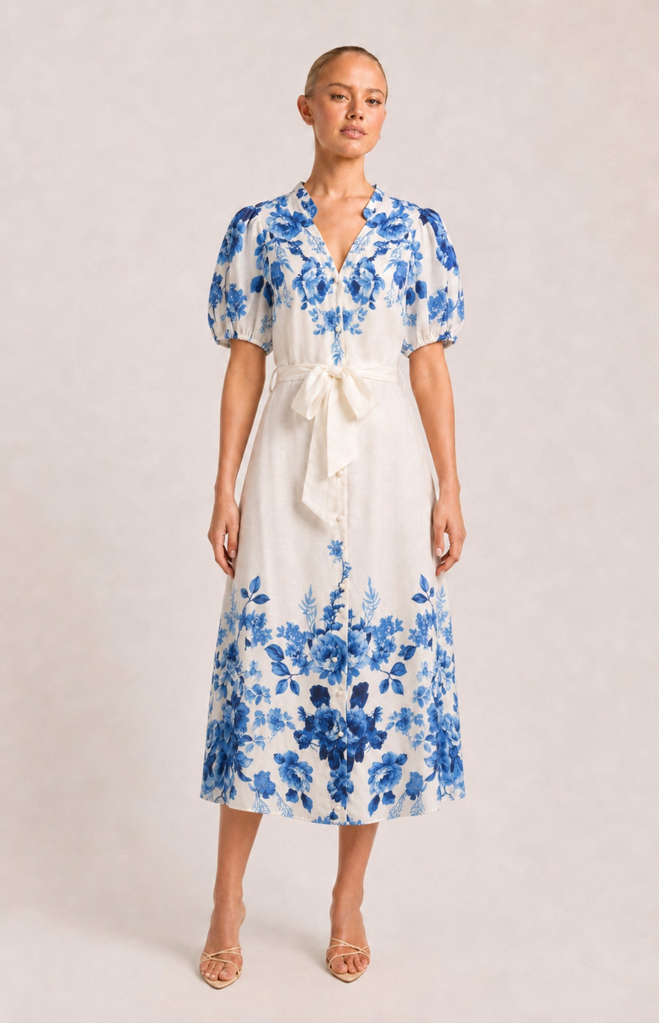 SOGNA blue floral linen-blend belted 42-inch midi dress on W01_v1 model – front view