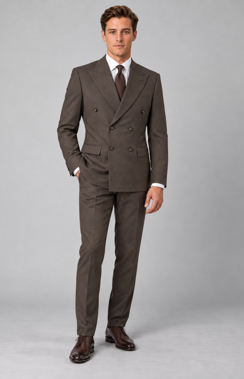 M01 wearing the Tobacco 3424DB double-breasted jacket, relaxed full-length front view. Jacket only; trousers and accessories are styling.