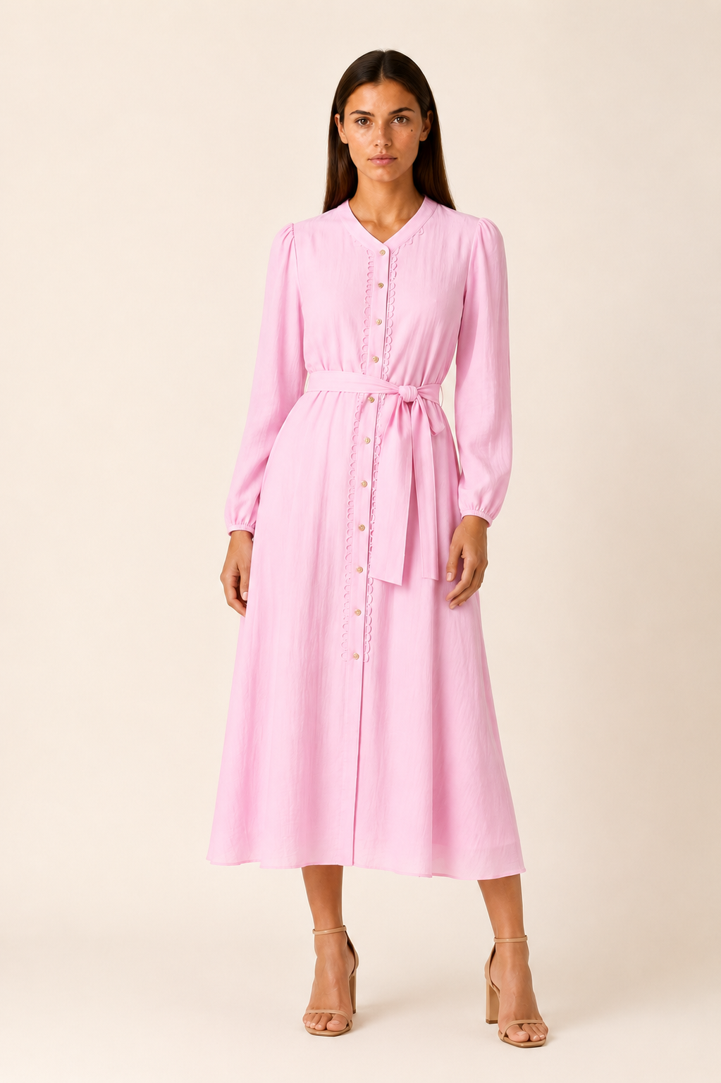 SOGNA 43250922-1 pink belted long-sleeve dress front view