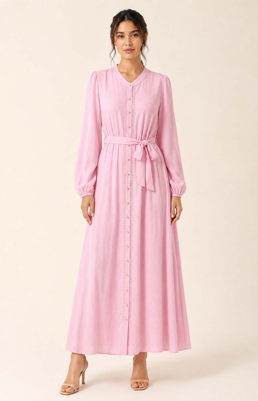 SOGNA 43250922-1 pink belted long-sleeve dress side view