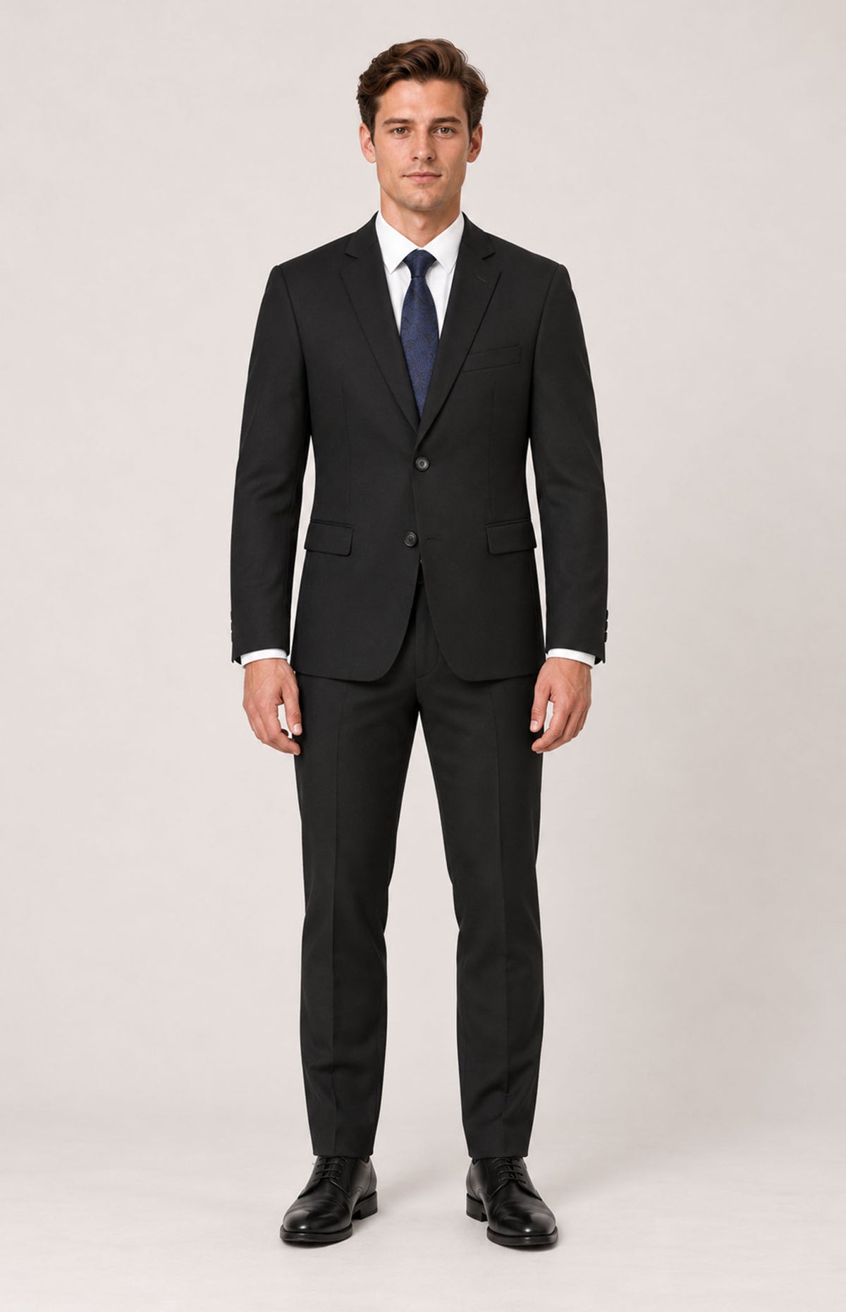 DRAFT — original-face composite and final-size correction pending; SOGNA 8228 black two-button notch-lapel suit jacket, front view.