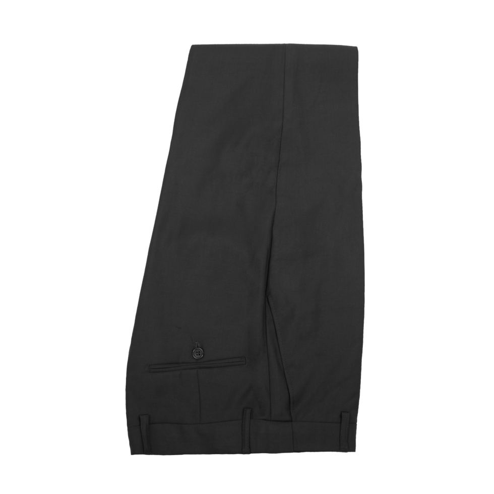 Black 8228 fine-twill suit trousers folded to show the waistband, belt loops and buttoned back pocket.