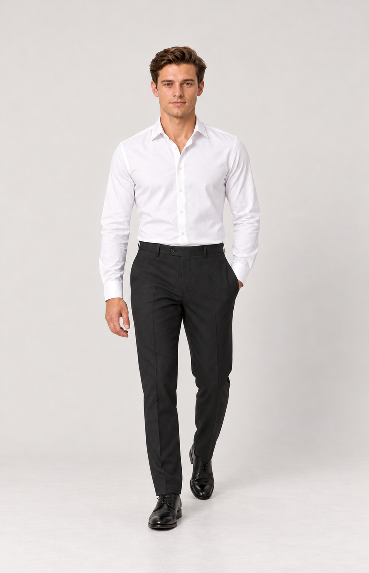 Walking model view showing the drape of black 8228 suit trousers.