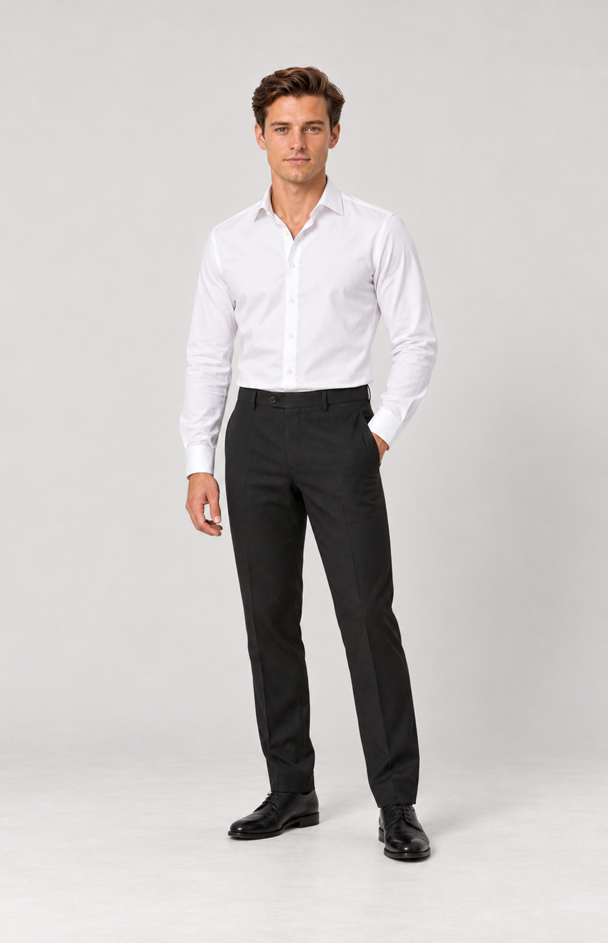 Relaxed full-length model view of black 8228 suit trousers.