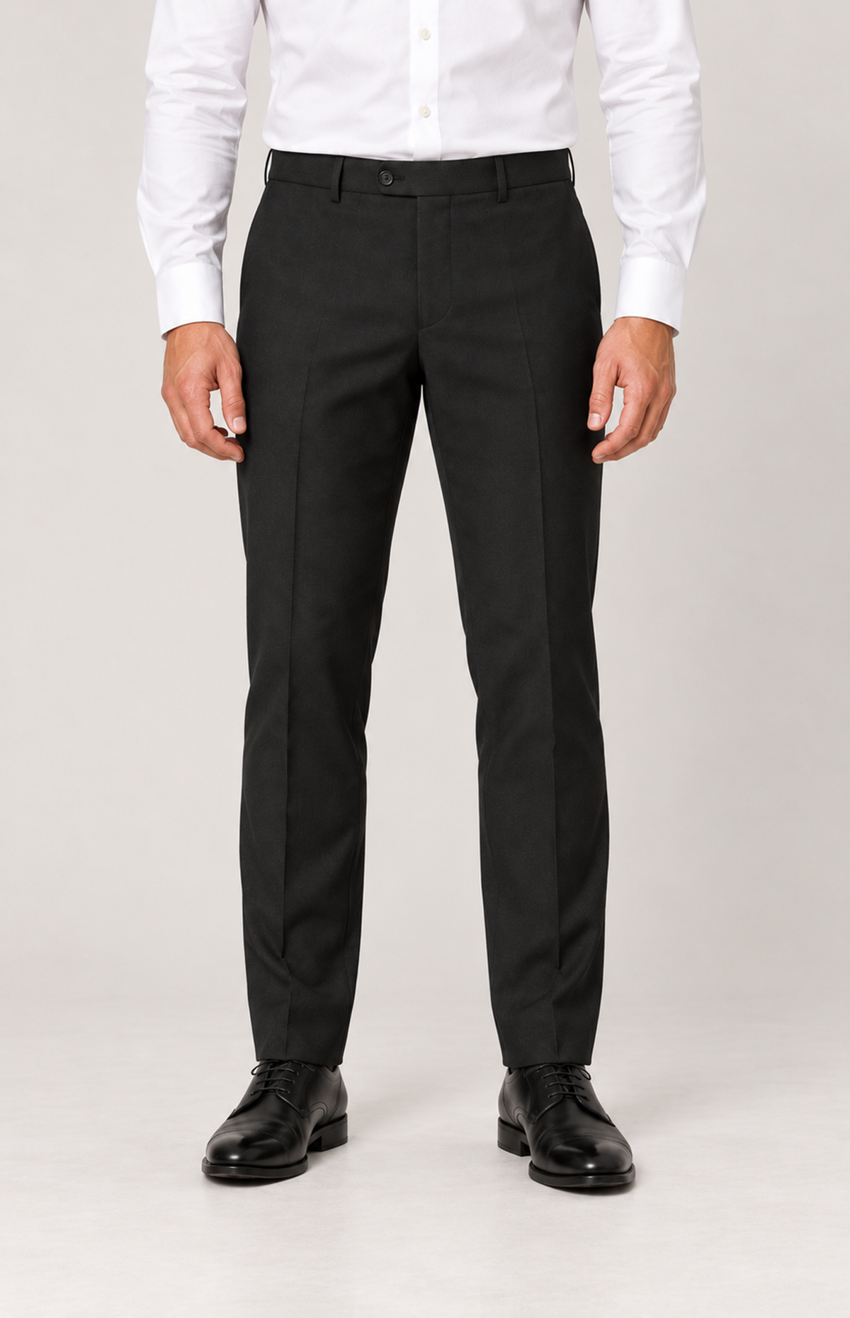 Front trouser view from waist to shoes, showing black 8228 suit trousers on model.