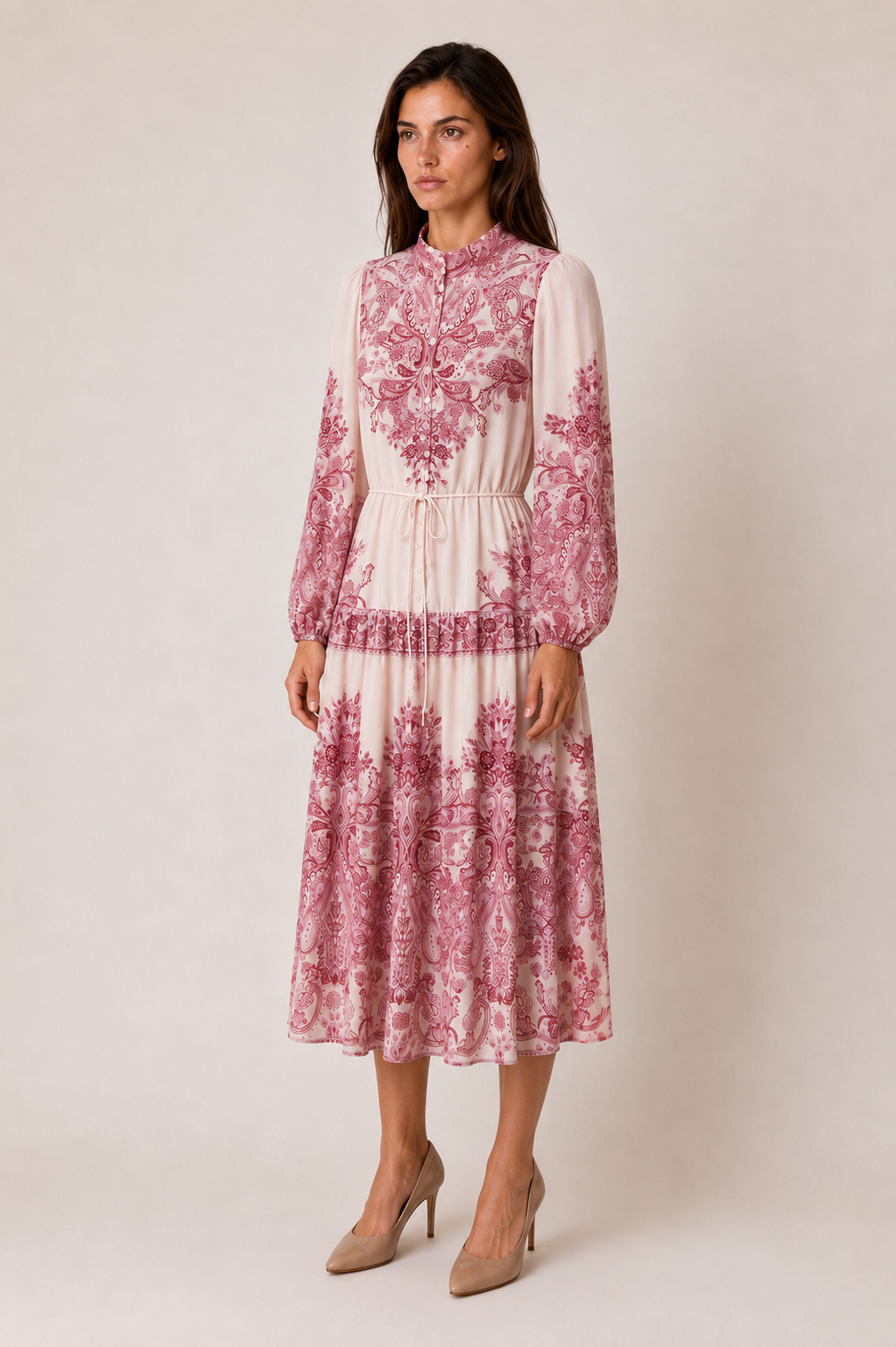 SOGNA CLO pink paisley 46-inch tiered midi dress left-front view