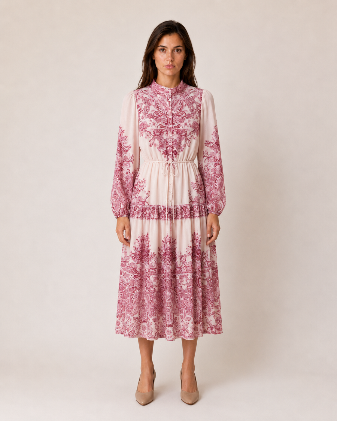 SOGNA CLO pink paisley 46-inch tiered midi dress front view