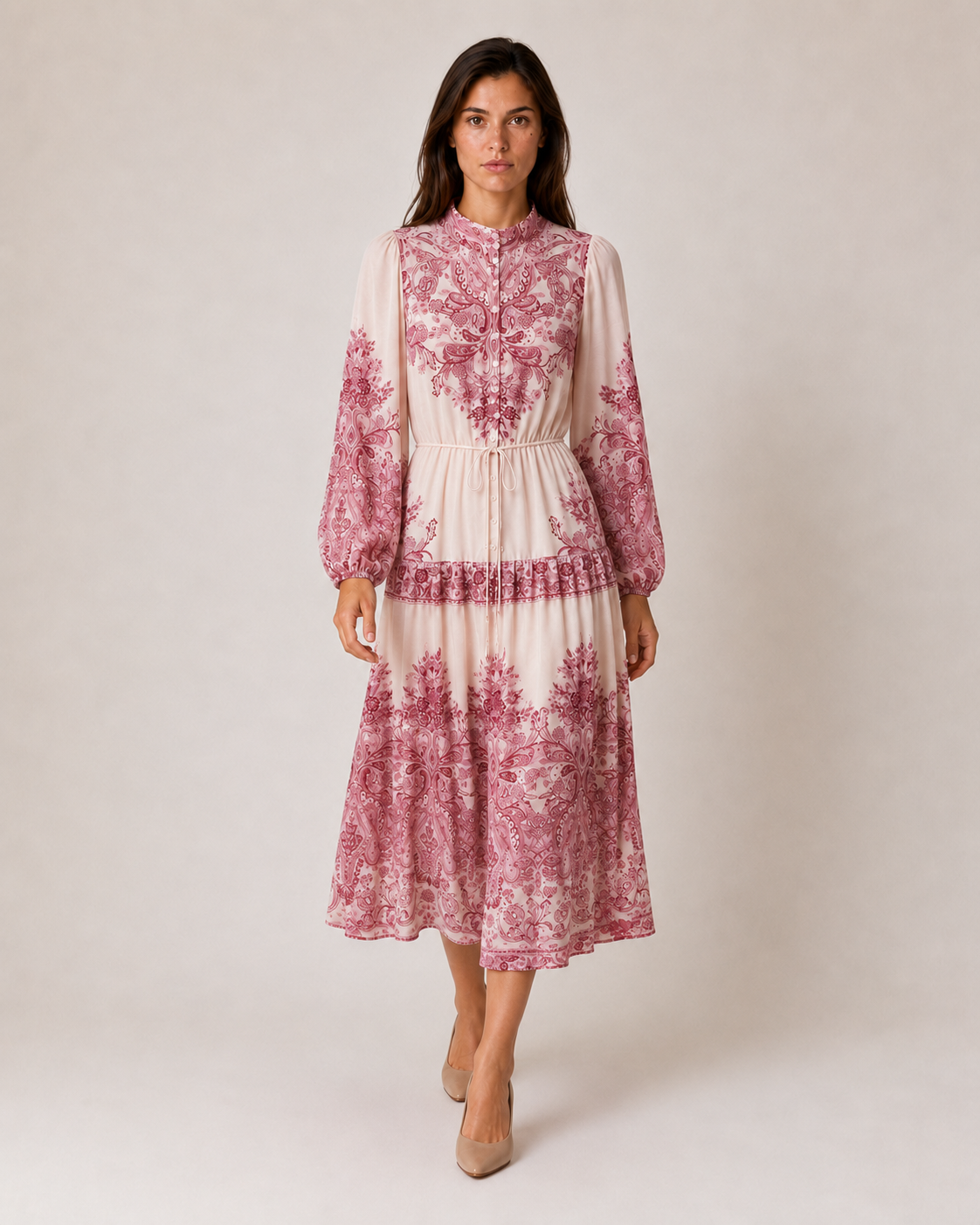 SOGNA CLO pink paisley 46-inch tiered midi dress natural pose