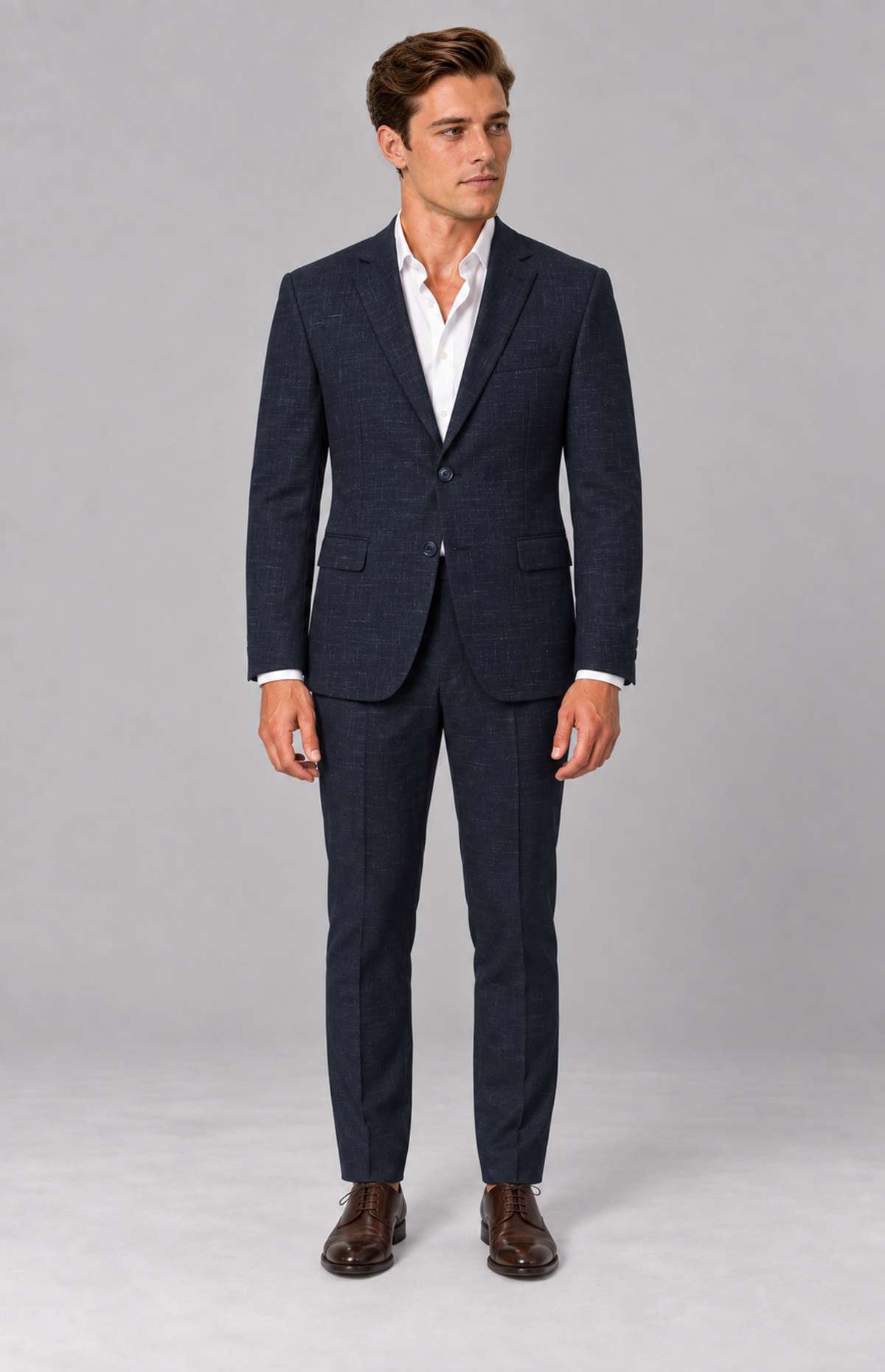 Asher 1908 Navy suit jacket on SOGNA M01, standing with arms relaxed. Jacket only; trousers, shirt and accessories are styling.