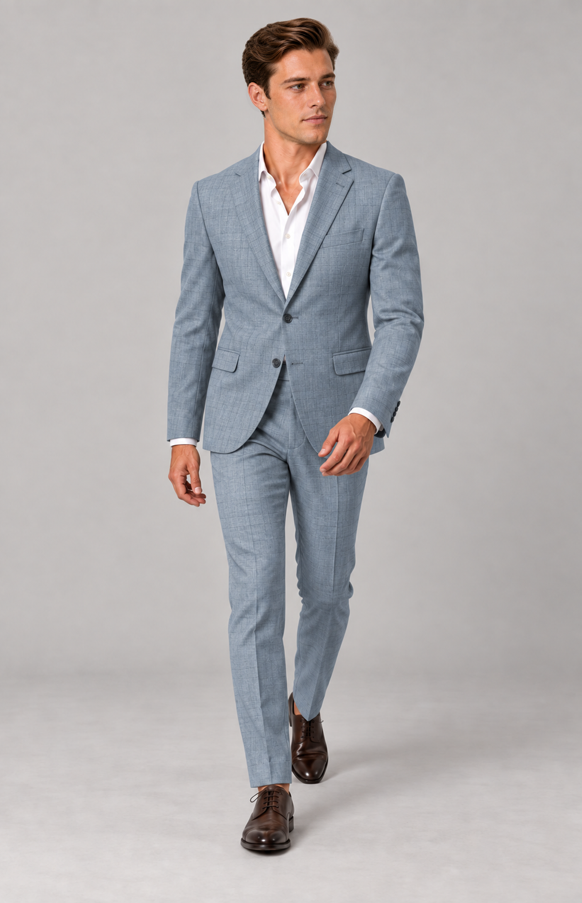 M01 wearing the sky 3368 checked suit, full-length walking view. Jacket only; other items are styling.