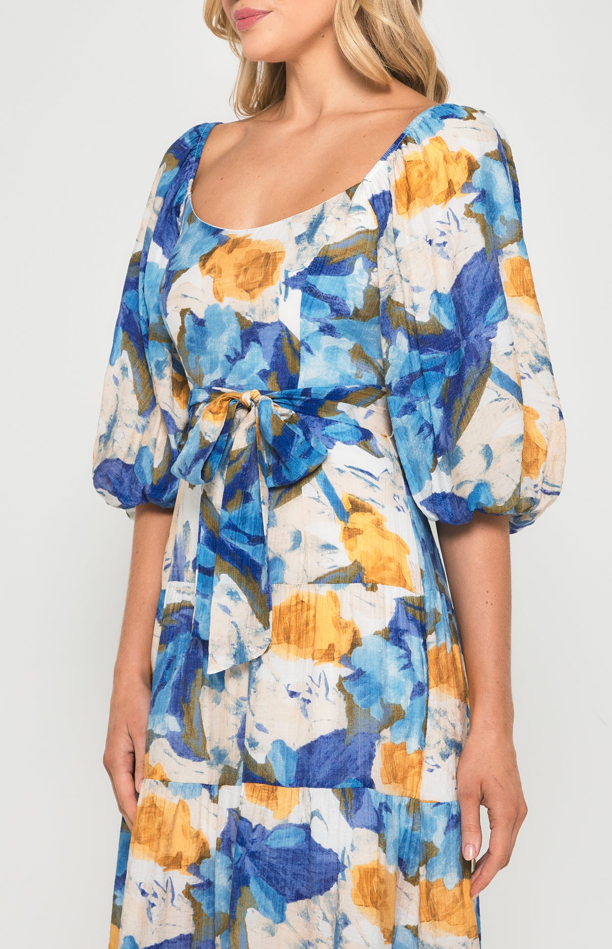 SOGNA Floral Scoop Neck Midi Dress SDR1355B – Blue Yellow – product detail or alternate view