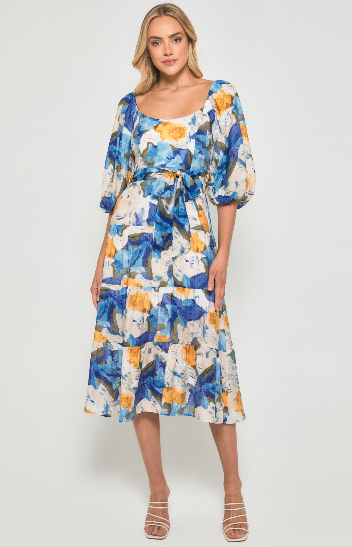 SOGNA Floral Scoop Neck Midi Dress SDR1355B – Blue Yellow – product detail or alternate view
