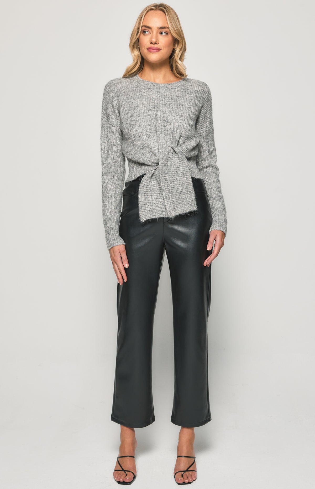 SOGNA belted round neck knit top SKN342 – Grey – alternate product view