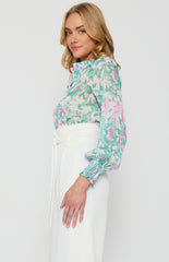 SOGNA COL Floral Printed Sheer Chiffon Shirt with Ruffle Details STO654B