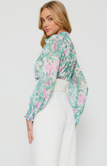 SOGNA COL Floral Printed Sheer Chiffon Shirt with Ruffle Details STO654B