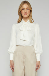 SOGNA COL Neck Tie Satin Top with Pleated Shoulder Detail STO730B