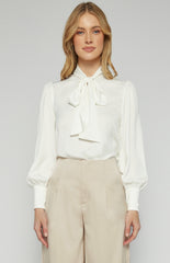 SOGNA COL Neck Tie Satin Top with Pleated Shoulder Detail STO730B