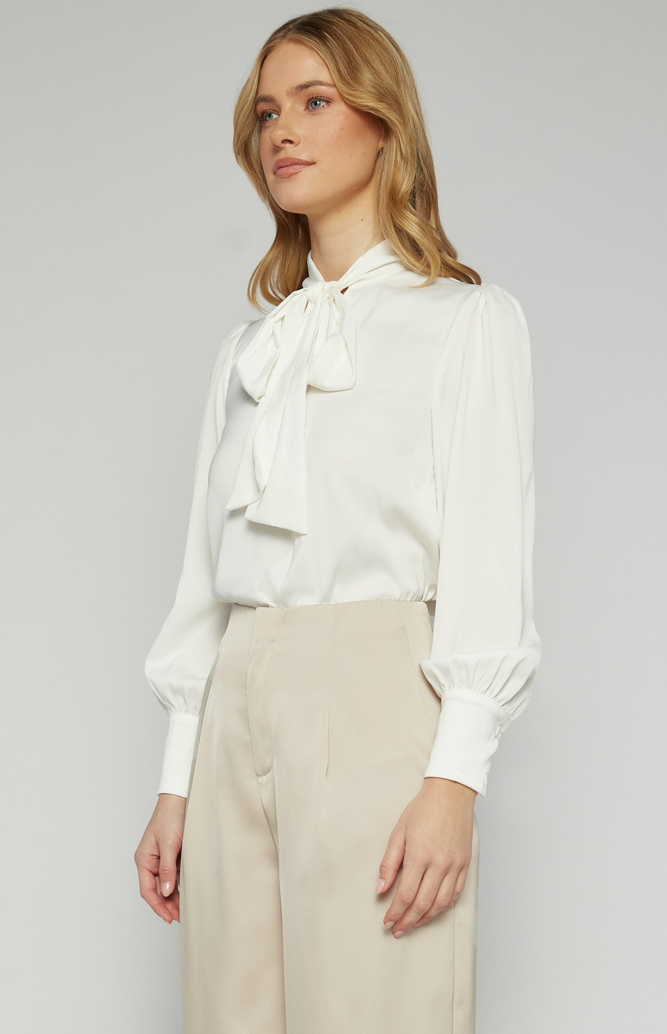 SOGNA COL Neck Tie Satin Top with Pleated Shoulder Detail STO730B