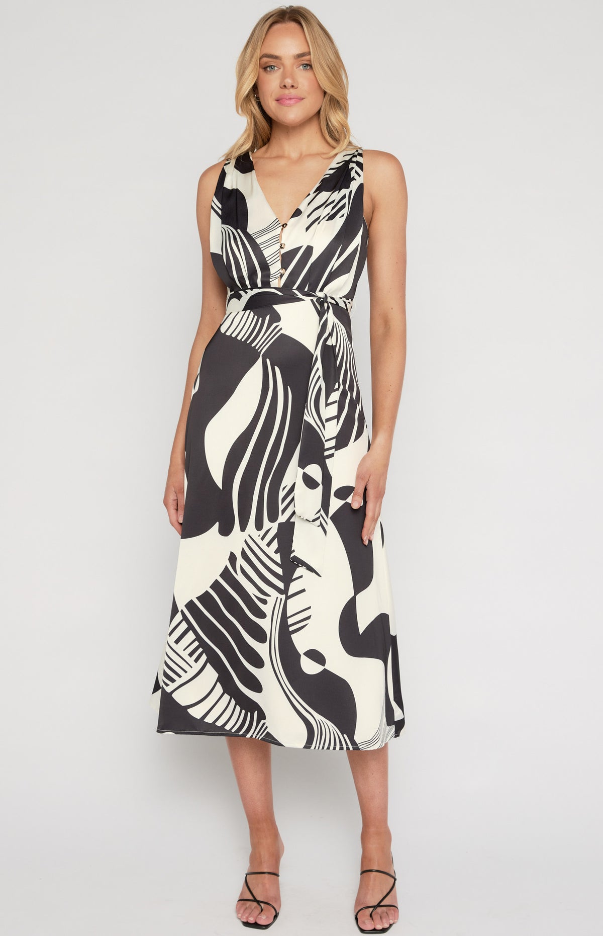 SOGNA Printed Satin Midi Dress with Scarf WDR639B – black – product view