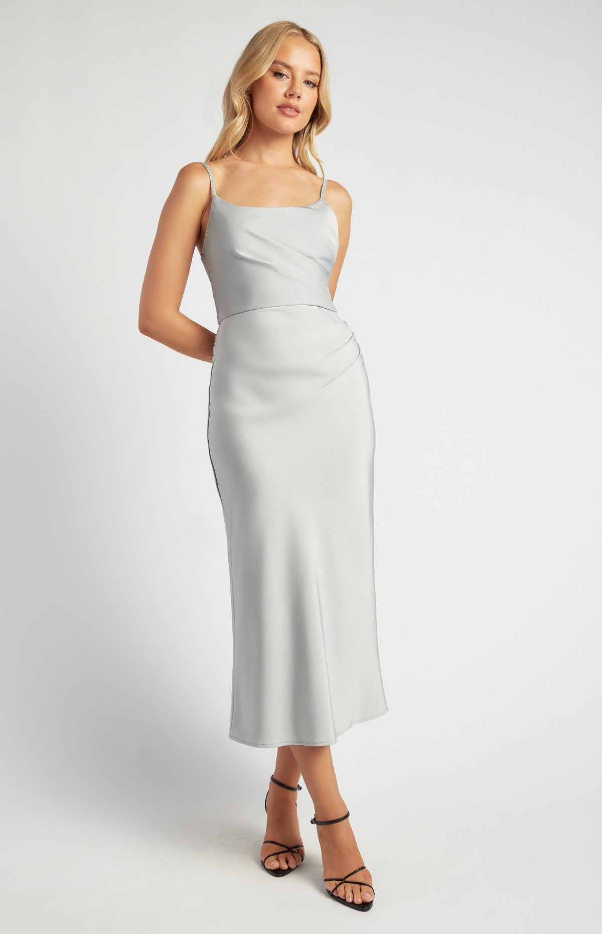 SOGNA WDR717A pleated satin midi dress in Silver, product view 3