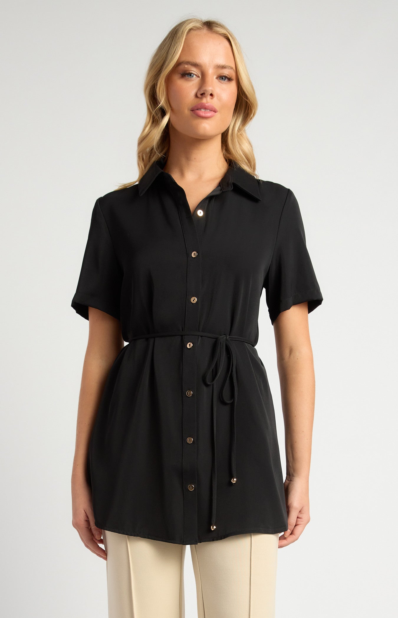 Gold Buttoned Short Sleeve Shirt With Thin Belt And Toggles WTO679B