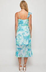 SOGNA COL Floral Asymmetric Frill Neckline Midi Dress SDR1344B