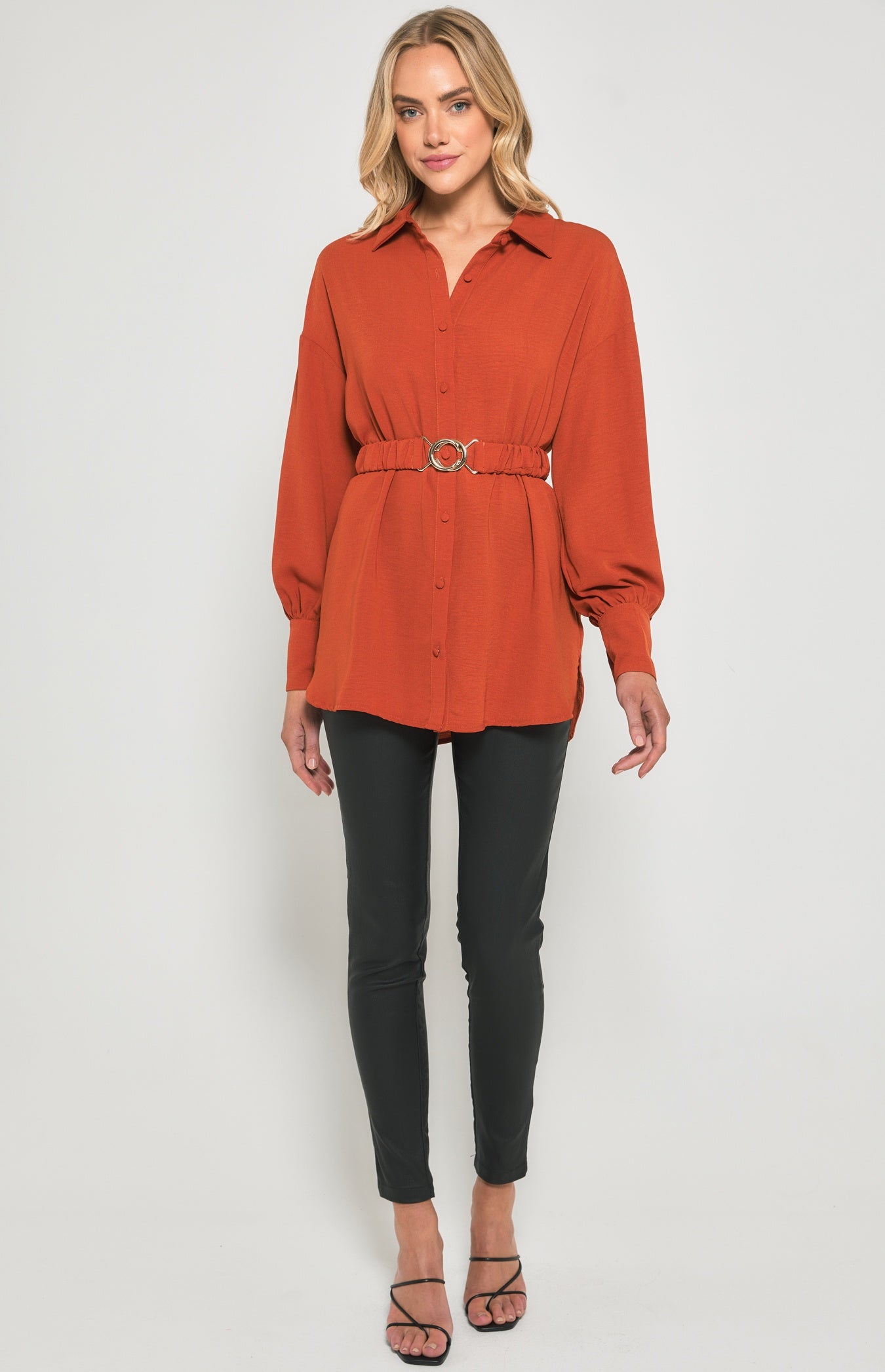 SOGNA COL Textured Fabric Shirt Dress with Metal Buckle Detail STO632B