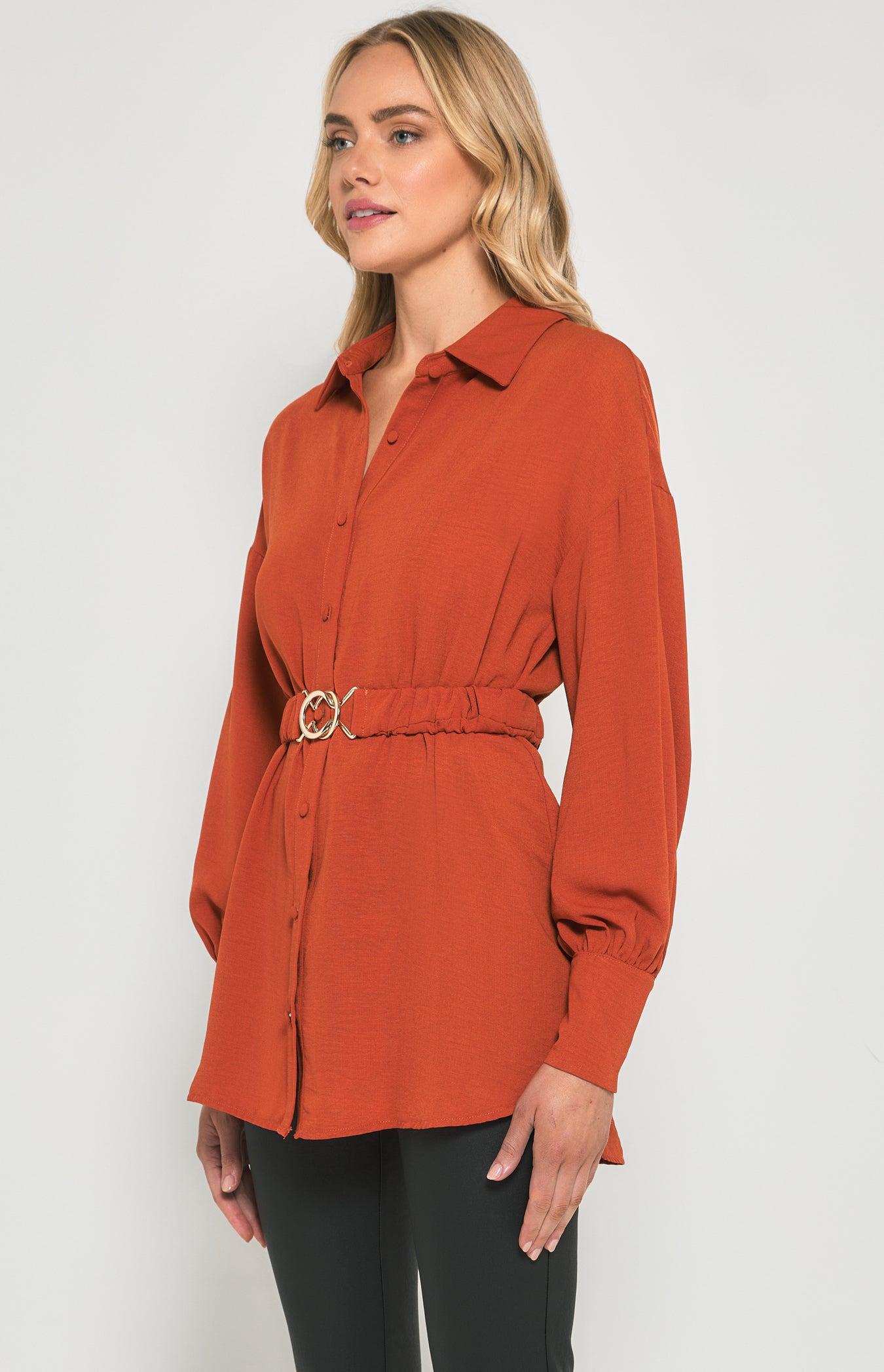 SOGNA COL Textured Fabric Shirt Dress with Metal Buckle Detail STO632B