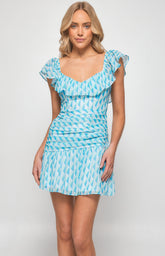 SOGNA COL Geometric Print Pleated Front Dress with Frill Neckline WDR535A