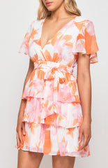 SOGNA COL Floral Chiffon Dress with Tiered Hem SDR1284A