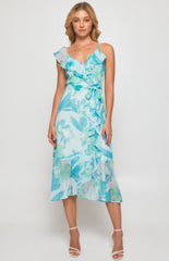 SOGNA COL Floral Asymmetric Frill Neckline Midi Dress SDR1344B