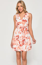 SOGNA COL Abstract Floral V Neck Dress with Belt SDR1356A